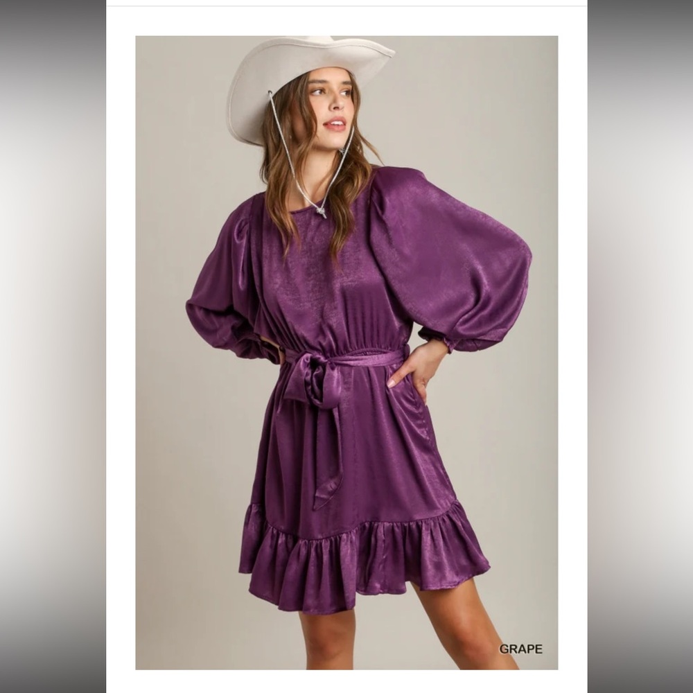 Umgee Grape Satin Long Sleeve Dress